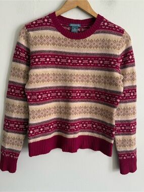 Quest Fair Isle 100% Lambswool Sweater Small Red Cream Cozy Knit